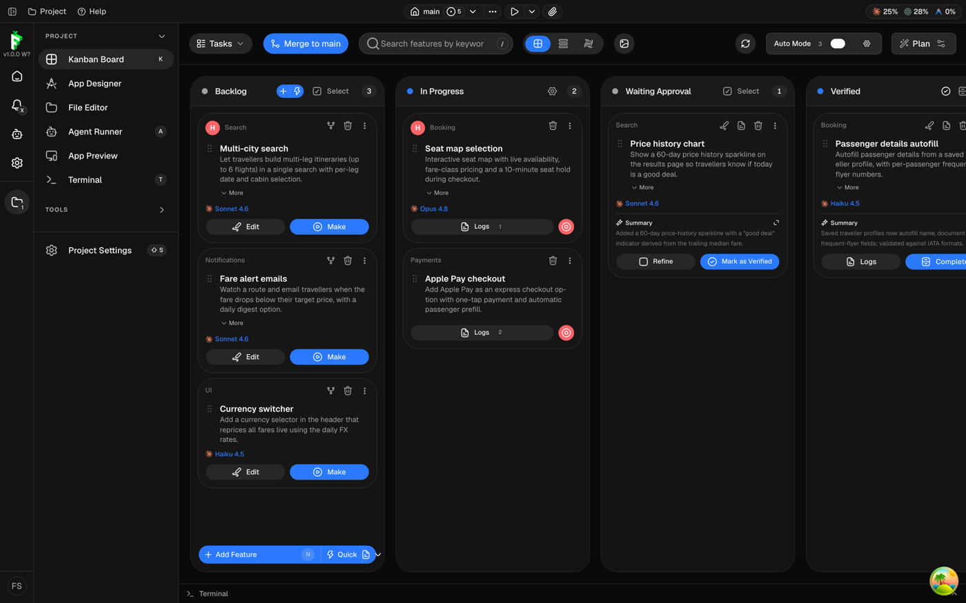 The Findie Kanban board at night: cards in Backlog, In Progress, Waiting Approval and Verified, each carrying its own AI model